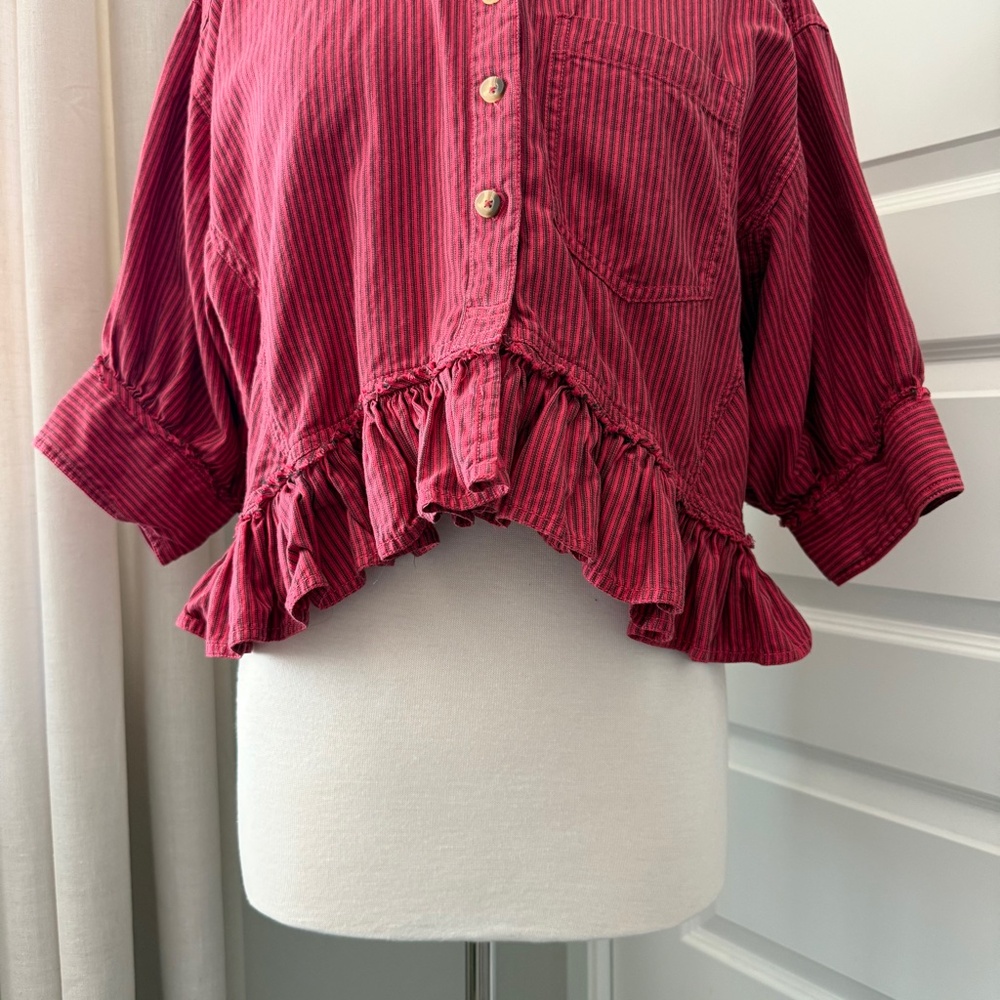 We The Free Raspberry Red Ruffled Button-Down Shirt - Picture 4 of 7